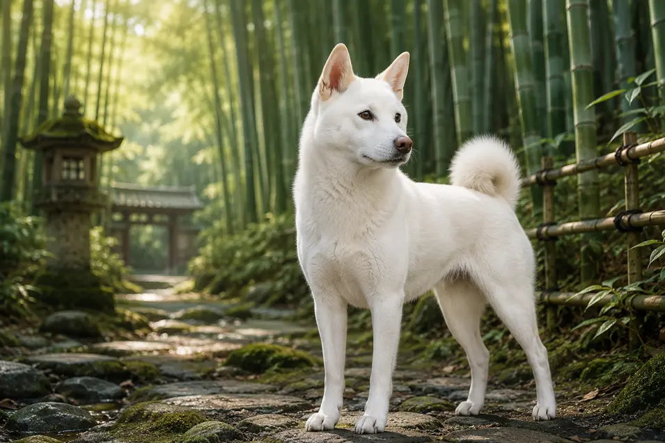 White Kishu Ken standing on a peaceful bamboo forest path with a traditional Japanese gate, mossy stones, and soft morning light filtering through the trees.