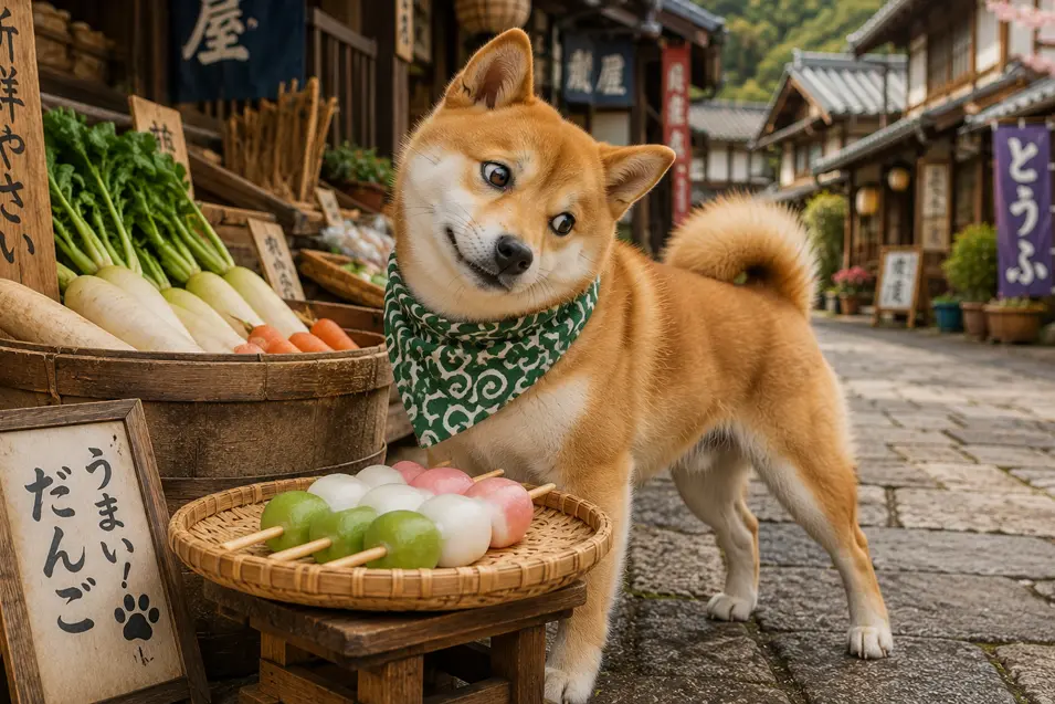 Curious Shiba Inu exploring a traditional Japanese market, surrounded by colorful dango, fresh vegetables, and charming wooden storefronts in a historic village.