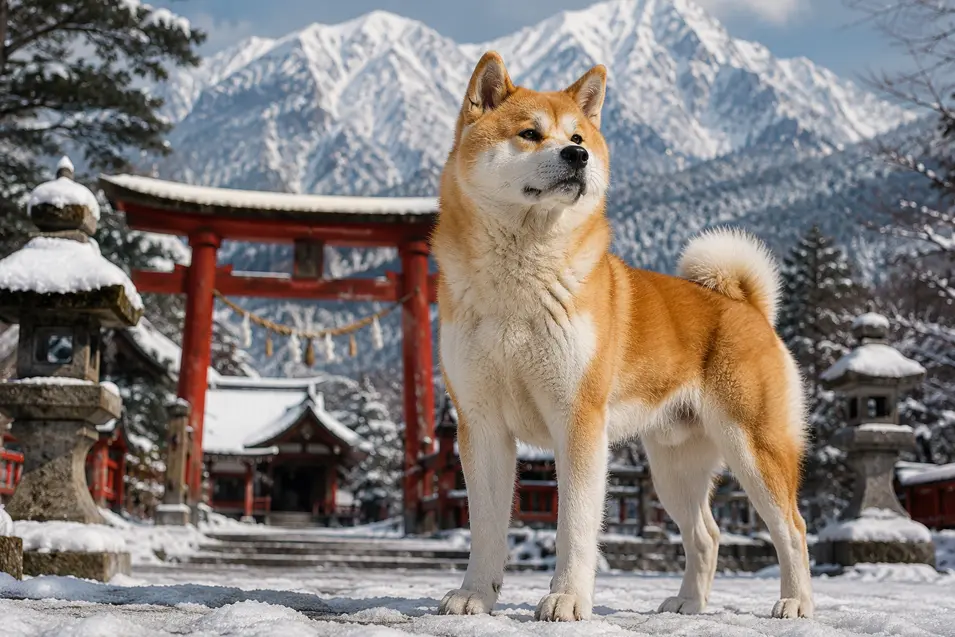 Proud Shiba Inu standing before a snow-covered Japanese shrine and torii gate, with dramatic alpine peaks creating a breathtaking winter mountain backdrop.