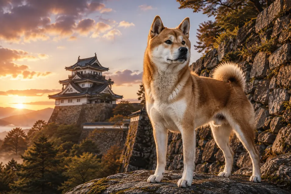 Akita standing proudly on ancient castle walls at sunset, overlooking a majestic Japanese castle surrounded by autumn trees and golden evening light.