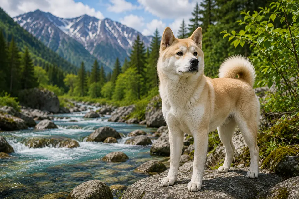 Cream-colored Akita standing beside a crystal-clear mountain river, surrounded by lush forests and dramatic alpine peaks under a bright summer sky.