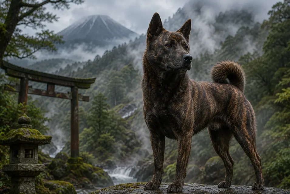 Brindle Kai Ken Japanese dog standing beside a torii gate in a misty mountain forest, with waterfalls, lush greenery, and a majestic volcanic peak in the background.
