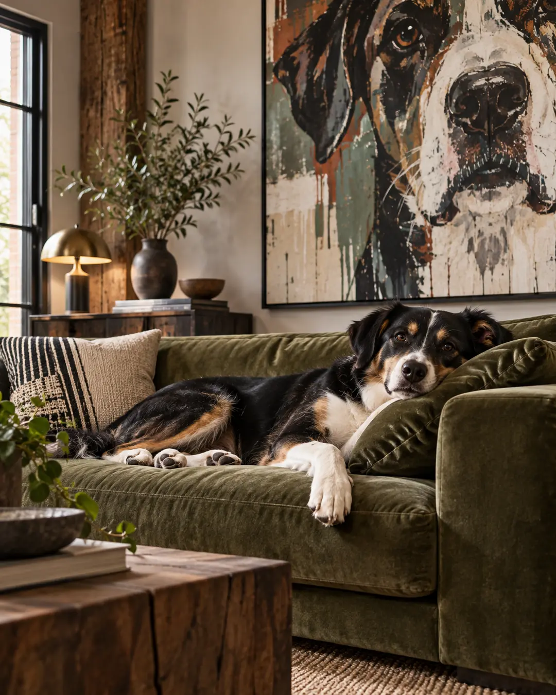 A relaxed dog lounges on a deep green sofa in a warm, stylish living room beneath a dramatic oversized dog portrait.