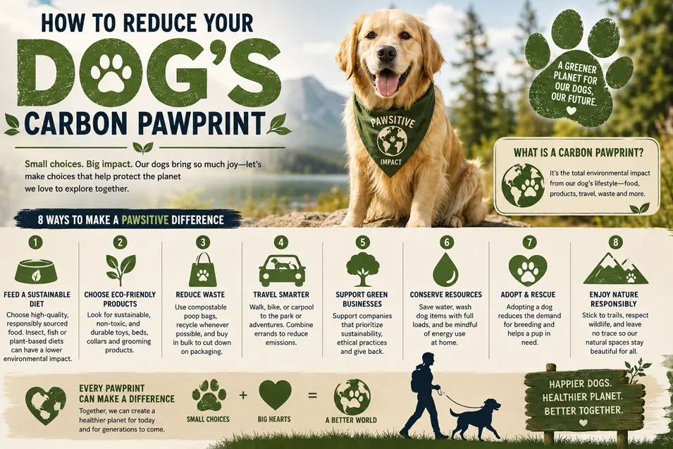Infographic showing practical ways to reduce your dog's carbon pawprint with eco-friendly tips, sustainable choices, and a happy dog in a natural setting.