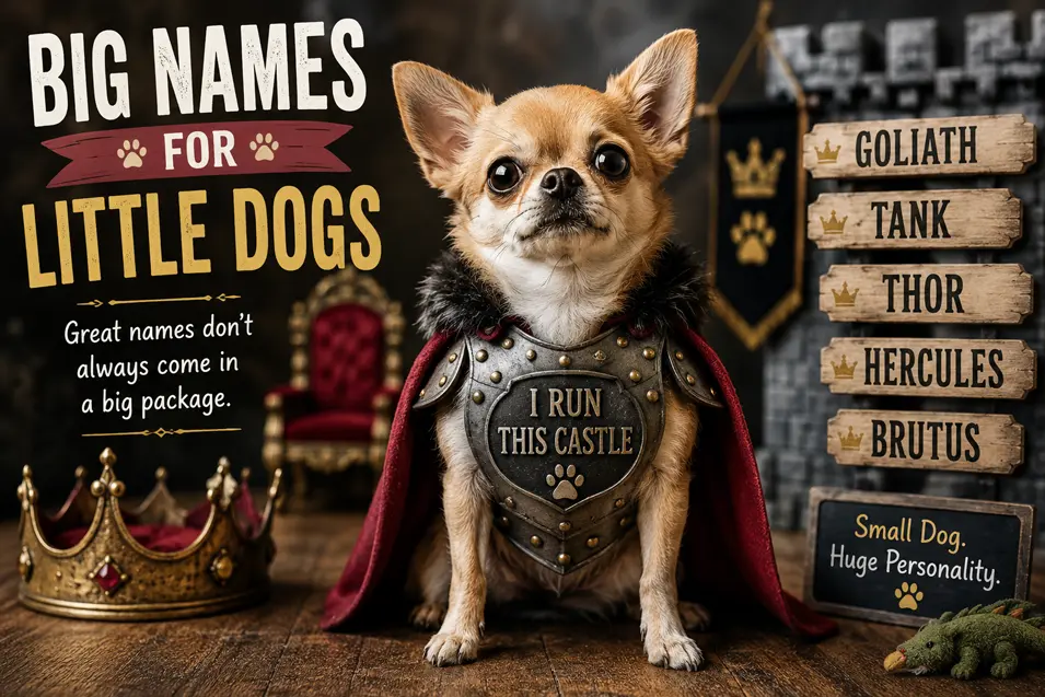 Tiny Chihuahua in royal armor proves big, bold names like Goliath, Thor, Hercules, and Brutus can perfectly suit little dogs.