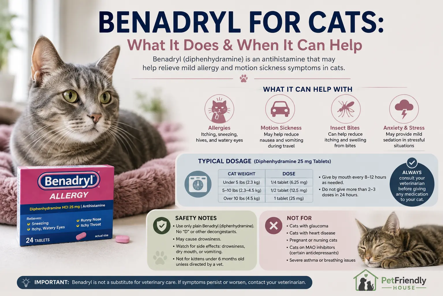 Infographic explaining Benadryl for cats, including uses, dosage guidance, safety precautions, potential side effects, and when to consult a veterinarian.