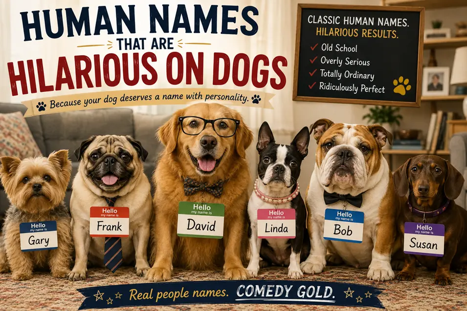 Six adorable dogs wearing human name tags like Gary, Frank, David, Linda, Bob, and Susan prove ordinary people names can be hilarious on dogs.