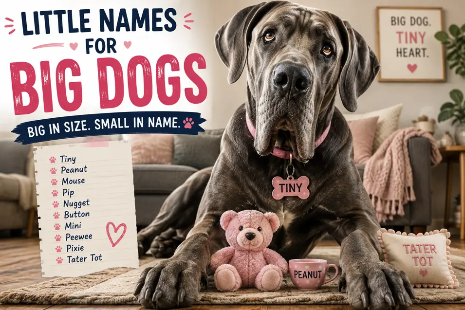 Gentle giant dog named Tiny lounges at home beside cute mini-themed props and a playful list of little names perfect for big dogs.