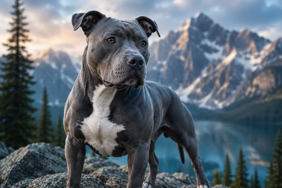 Blue Pit Bull standing confidently on a rocky overlook above a crystal-clear alpine lake, framed by dramatic snow-capped mountains under a stunning mountain sky.
