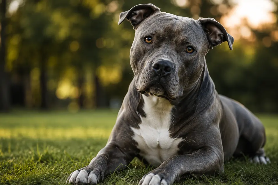 Pit Bull Names feature image with a blue Pit Bull lying on grass, highlighting bold typography for a guide to strong, loyal, and unforgettable Pit Bull names.