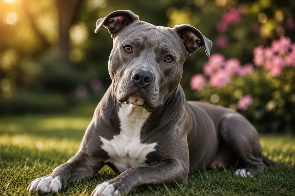 Blue Pit Bull relaxing on lush grass at golden hour, with a gentle expression and soft pink flowers creating a warm, inviting garden backdrop.