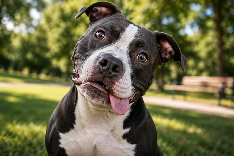 Playful black and white Pit Bull tilting its head with its tongue out in a sunny park, capturing the breed's goofy, affectionate, and friendly personality.
