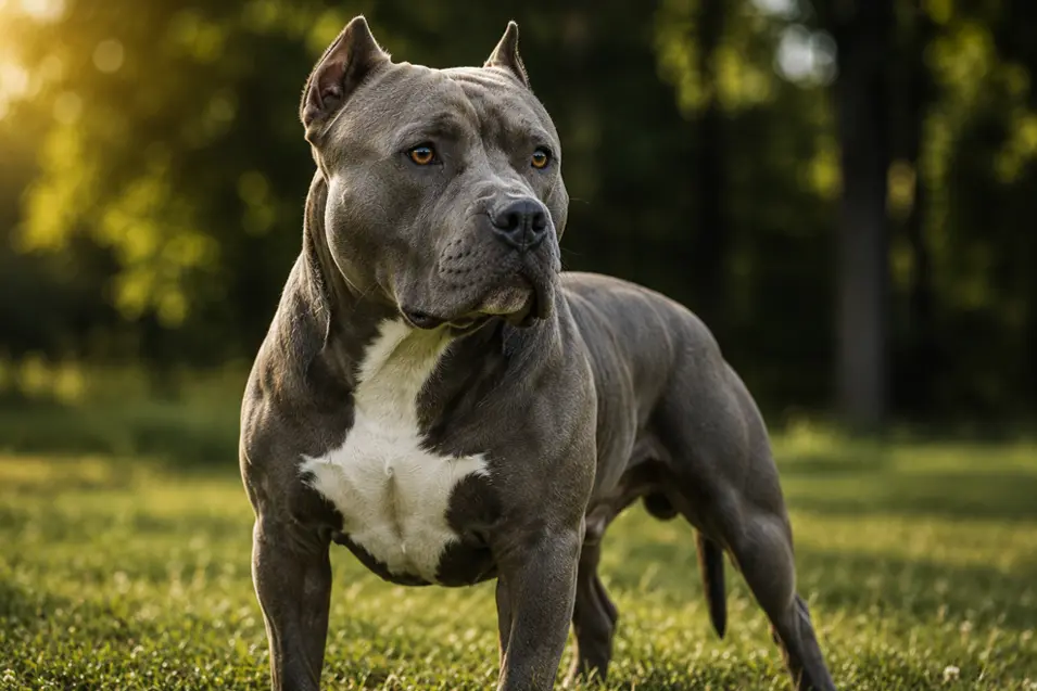 Blue Pit Bull standing confidently in a grassy park at golden hour, showcasing the breed's muscular build, loyal expression, and powerful athletic physique.