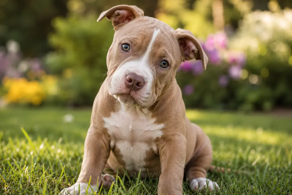 Adorable Pit Bull puppy sitting on green grass with a curious head tilt, surrounded by colorful garden flowers in soft golden afternoon light.