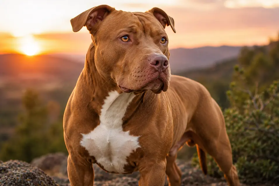 Red Pit Bull standing proudly on a rocky overlook at sunset, highlighting the breed's muscular build, confident stance, and loyal nature against a dramatic landscape.