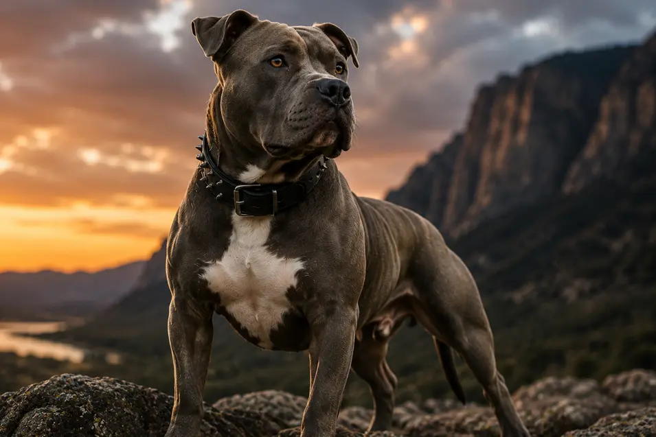 Blue Pit Bull standing proudly on a rocky mountain overlook at sunset, showcasing the breed's strength, confidence, and athletic build against a dramatic landscape.