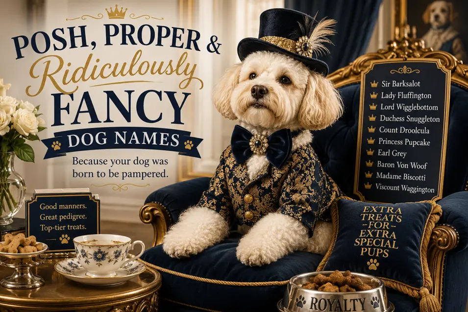 Pampered pup dressed in elegant royal attire showcases posh, proper, and ridiculously fancy dog names fit for canine royalty.