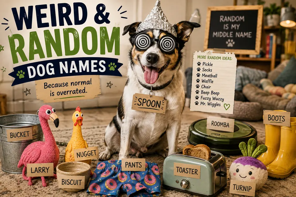Quirky dog in spiral glasses and a foil hat celebrates weird, random dog names like Spoon, Pickle, Waffle, Roomba, and Toaster.