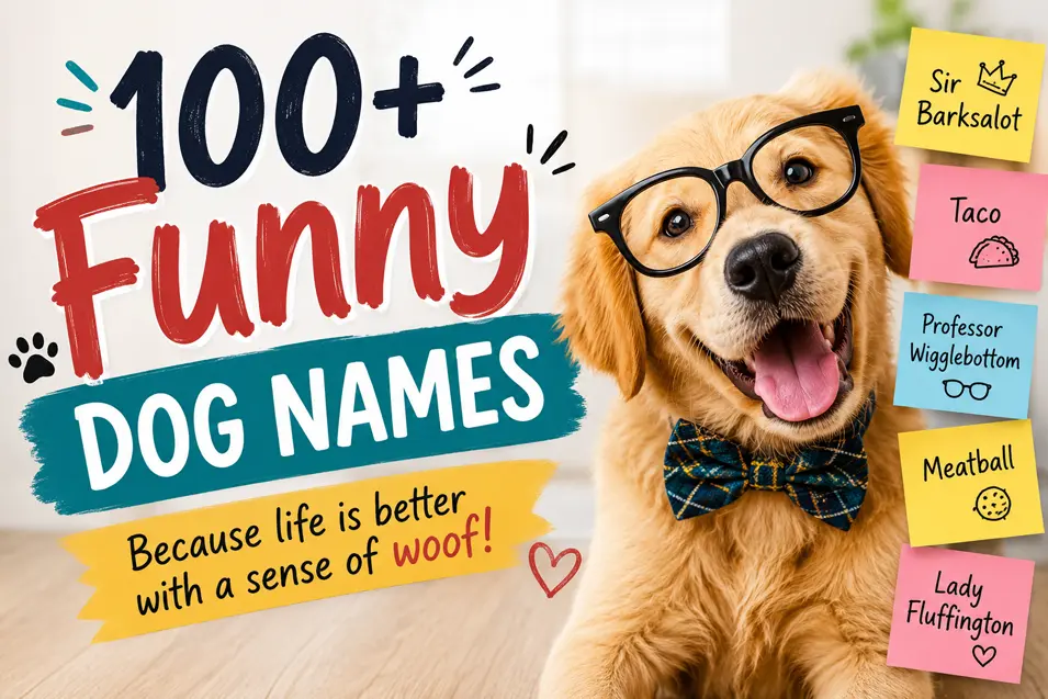 A playful Golden Retriever in glasses and a bow tie stars in a colorful guide featuring 100+ funny dog name ideas.