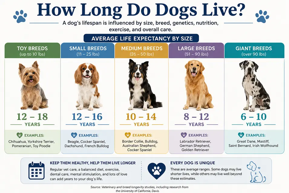 Infographic titled “How Long Do Dogs Live?” comparing average lifespan by dog size. Five illustrated dogs represent toy, small, medium, large, and giant breeds. Lifespan ranges shown are: toy breeds 12–18 years, small breeds 12–16 years, medium breeds 10–14 years, large breeds 8–12 years, and giant breeds 6–10 years.