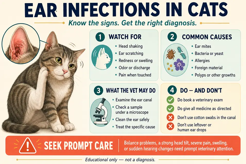 Cat ear infection infographic covering warning signs, common causes, veterinary care, treatment safety, and symptoms needing prompt attention.