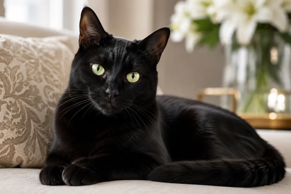 Elegant black cat with striking green eyes lounging on a plush sofa, surrounded by soft natural light and sophisticated home décor.