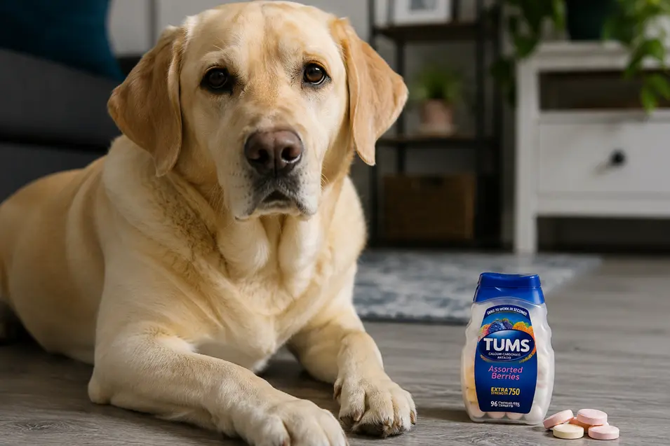 Labrador lying beside a bottle of Tums on a living room floor, illustrating pet health, digestive concerns, and antacid safety for dogs.