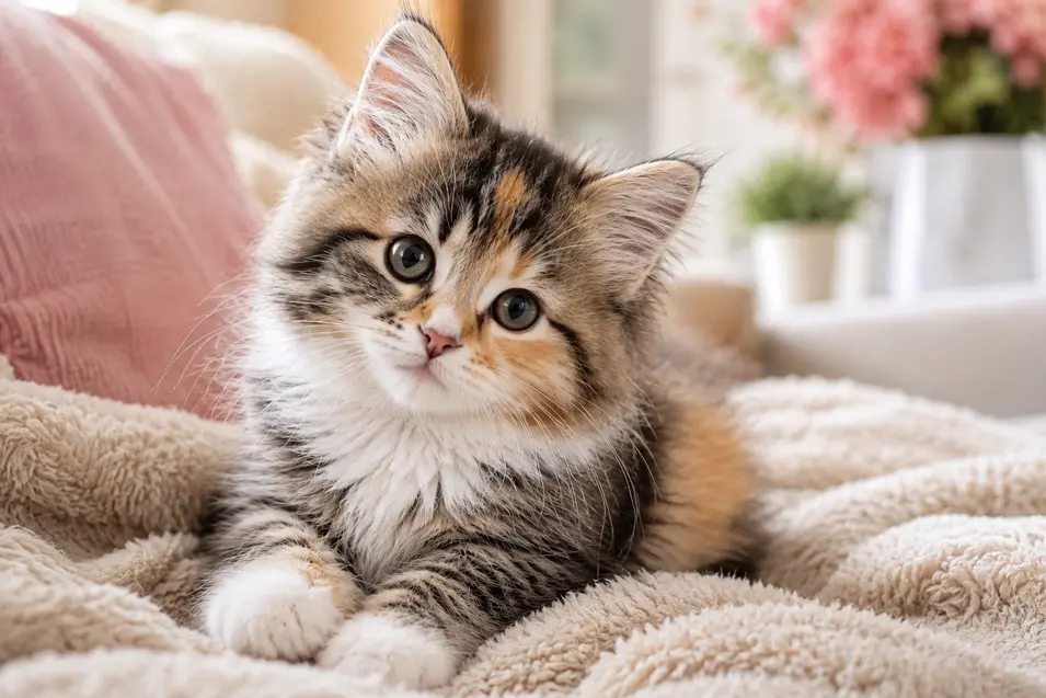 Fluffy calico kitten with bright curious eyes relaxing on a cozy blanket, surrounded by soft natural light and warm pastel décor.