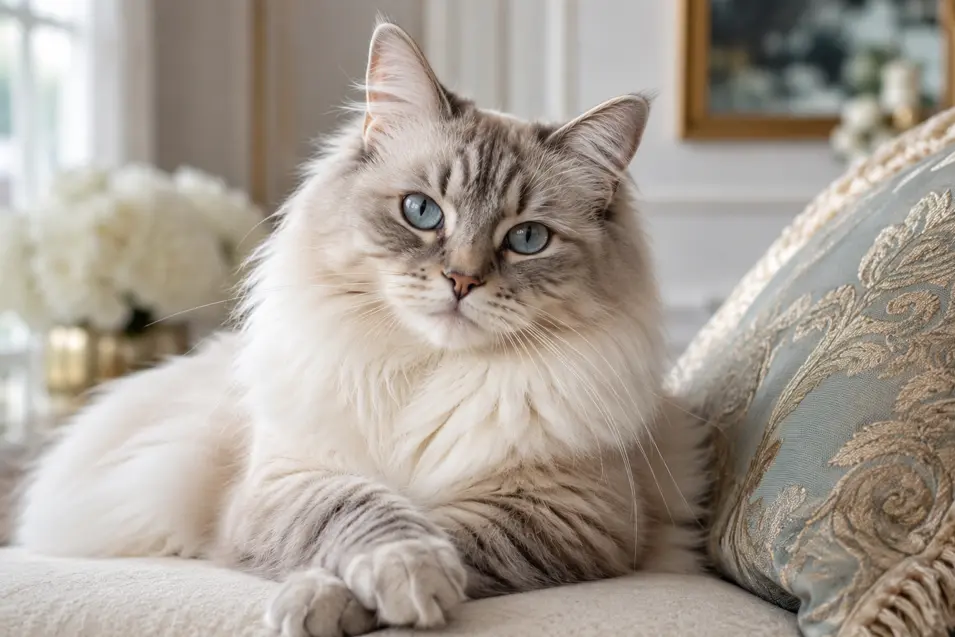 Elegant long-haired blue-eyed cat lounging on a sofa, surrounded by soft natural light and refined décor in a warm, luxurious living room.