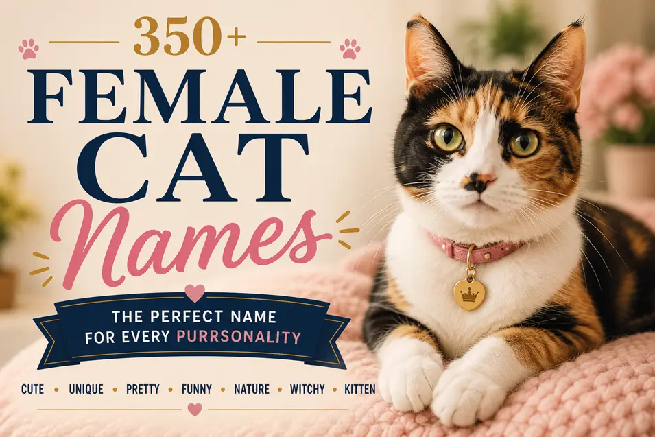 Featured image for "350+ Female Cat Names" featuring a beautiful calico cat with elegant typography highlighting cute, unique, pretty, funny, nature, witchy, and kitten name ideas.