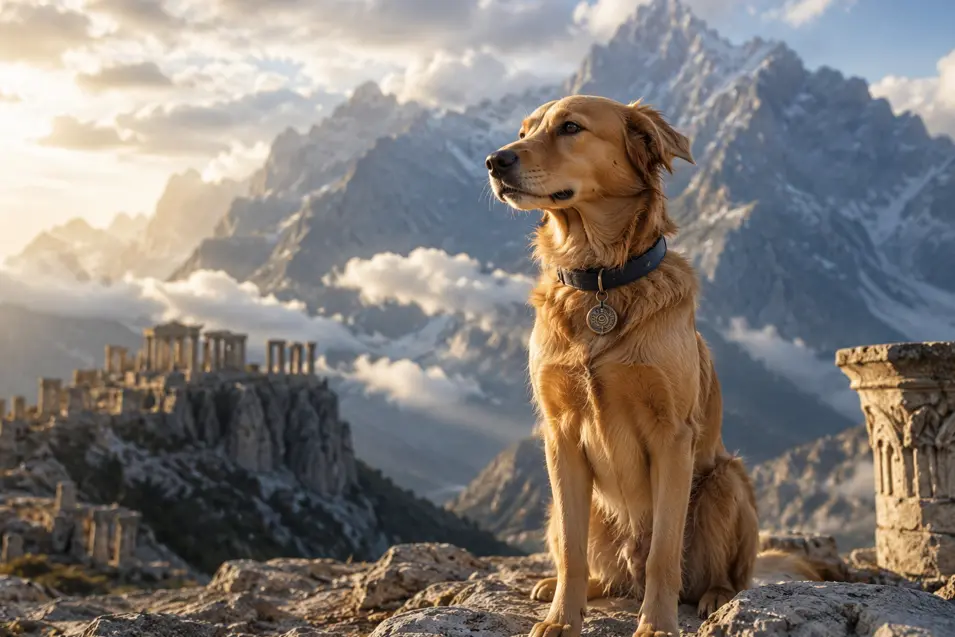 A golden dog sits proudly among ancient mountain ruins, framed by dramatic snowy peaks, clouds, and warm golden sunlight.