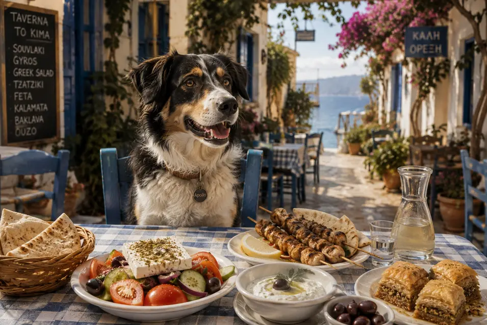 A happy dog sits at a charming Greek taverna table filled with souvlaki, salad, tzatziki and baklava, with the sea visible beyond.