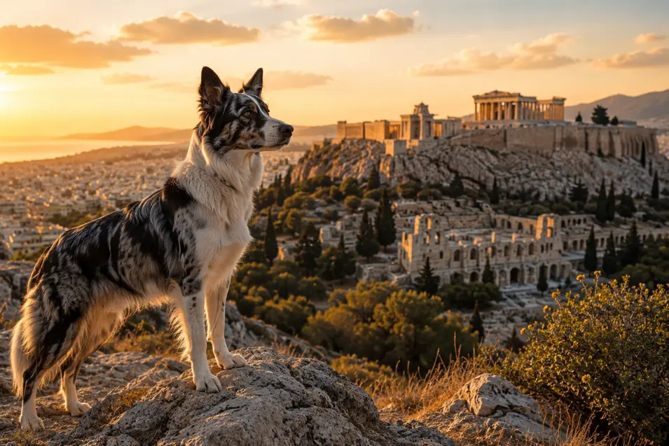 A black-and-white dog stands on a rocky overlook at sunset, gazing toward Athens and the ancient Acropolis glowing in warm golden light.