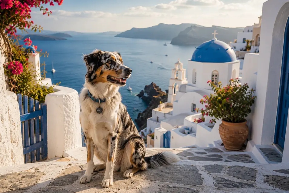 A happy dog sits among Santorini’s whitewashed buildings and blue domes, overlooking the sparkling Aegean Sea framed by colorful flowers.