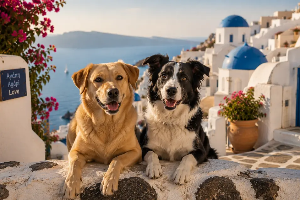 Two happy dogs pose in Santorini among whitewashed buildings, blue domes and pink flowers, with the sparkling Aegean Sea behind them.