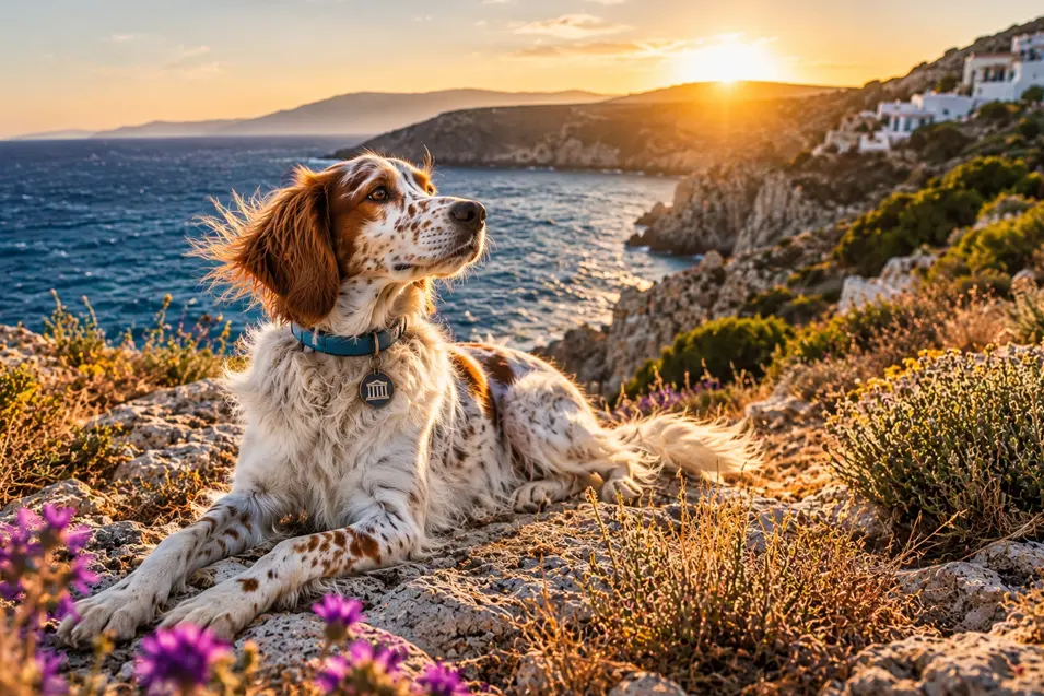 A spotted dog relaxes on a rocky Greek coastline at sunset, surrounded by wildflowers with the sparkling Aegean Sea stretching behind it.