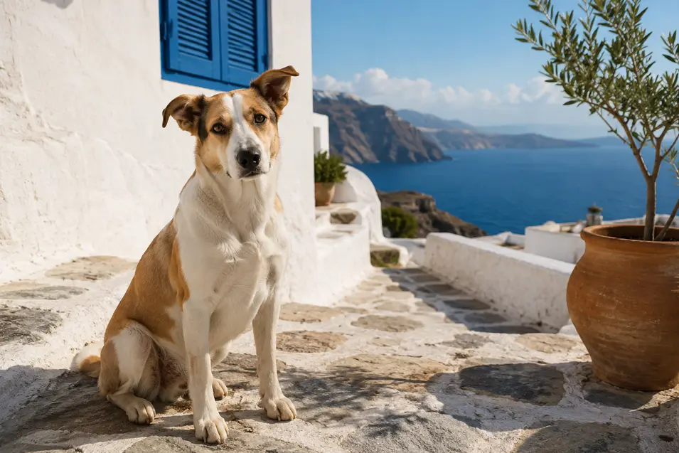 A white-and-tan dog sits on a sunlit Greek island terrace overlooking whitewashed homes and the deep blue Aegean Sea.