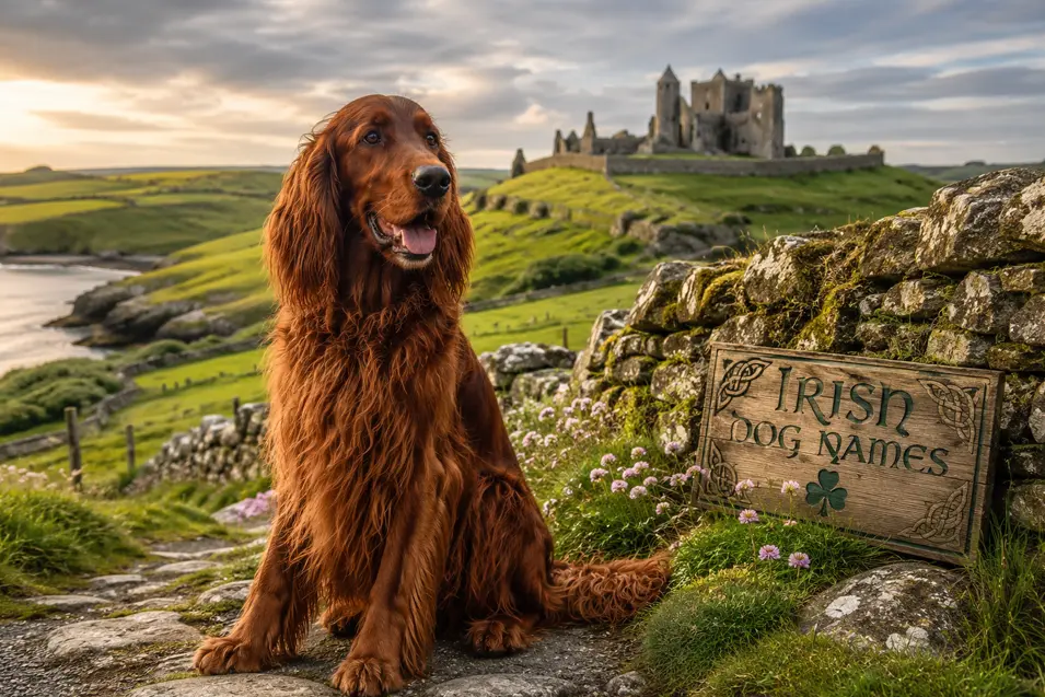Irish Setter sitting in the Irish countryside with a medieval castle and Celtic sign reading "Irish Dog Names" under a dramatic sunset sky.