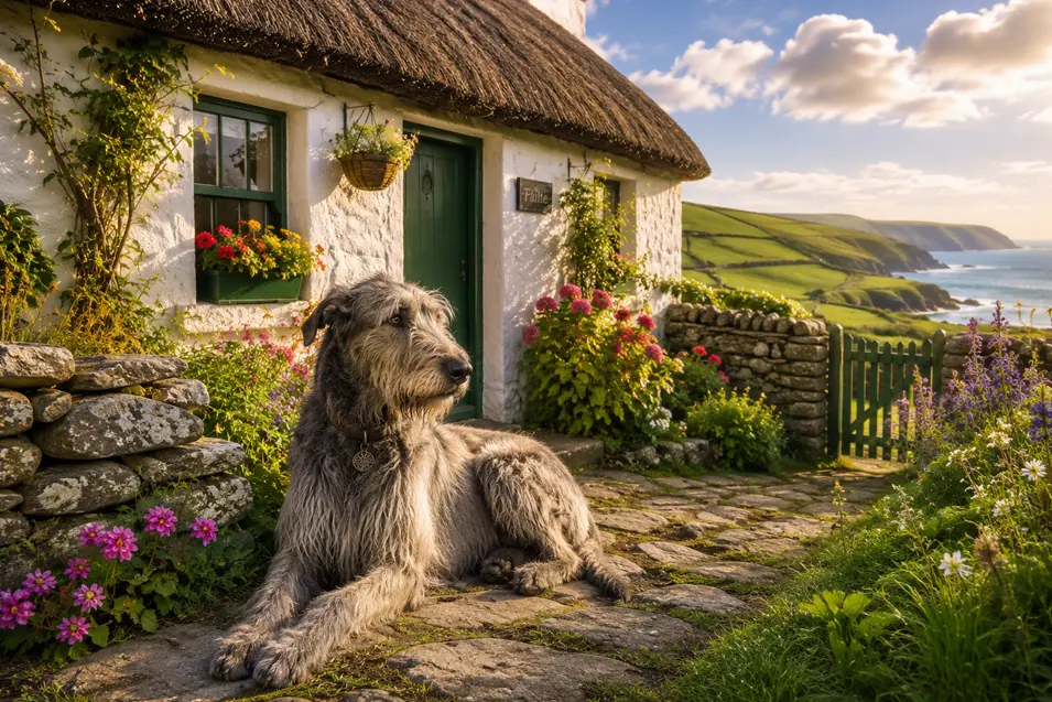 Irish Wolfhound relaxing outside a traditional Irish cottage overlooking the rugged coastline, surrounded by colorful flowers under a warm evening sky.