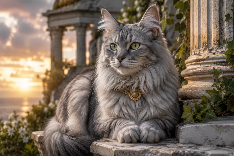 Majestic silver long-haired cat wearing an ornate collar, resting among ancient stone ruins at sunset with a regal, mythological atmosphere.