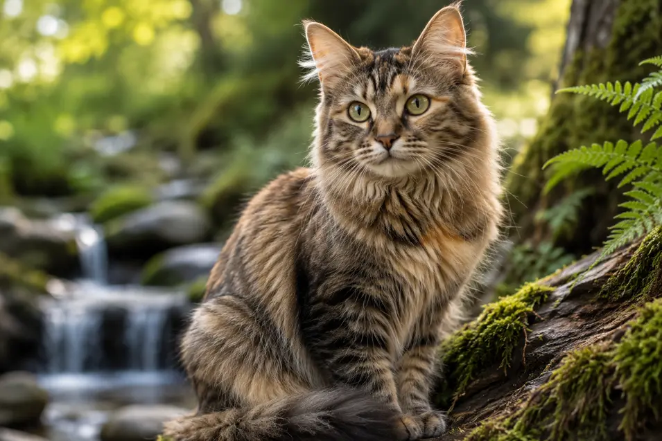 Long-haired tabby cat with bright green eyes perched beside a mossy forest stream, surrounded by lush greenery and soft natural light.