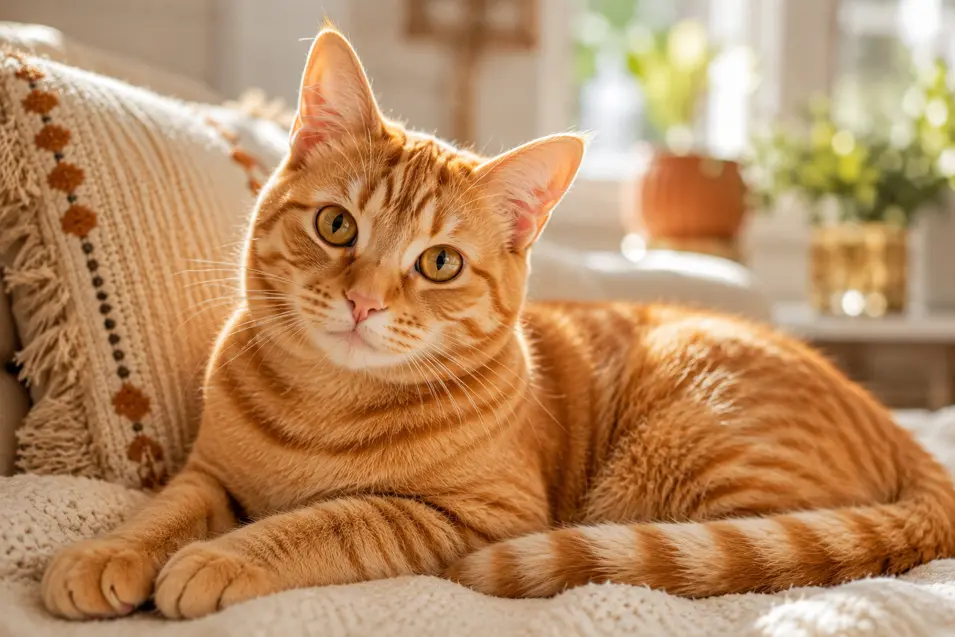 Orange tabby cat with warm amber eyes relaxing on a cozy blanket, bathed in golden sunlight in a bright, inviting home interior.