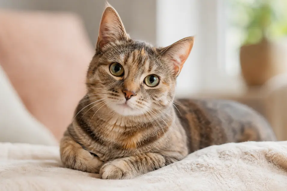 Relaxed tabby cat with warm amber accents resting on a soft blanket, gazing curiously at the camera in a bright, cozy home with gentle natural light.