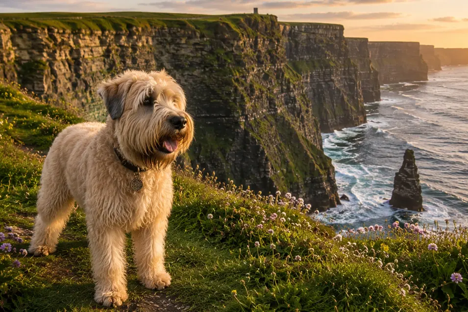 Soft-Coated Wheaten Terrier standing atop Ireland's Cliffs of Moher at sunset, overlooking dramatic sea cliffs and the Atlantic Ocean.