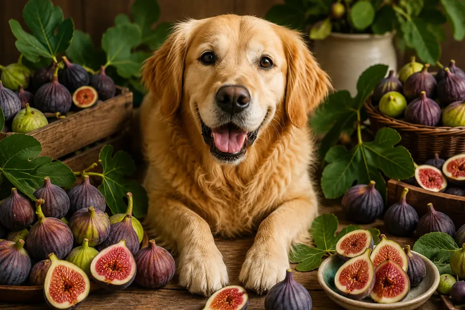 Happy golden retriever surrounded by fresh figs and lush fig leaves in a rustic harvest setting, showcasing a colorful spread of ripe whole and sliced figs.
