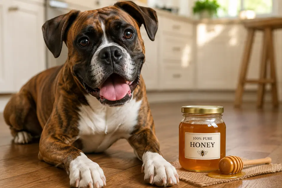 Happy Boxer dog lying beside a jar of honey in a bright kitchen, illustrating natural remedies, pet nutrition, and dog-safe foods.