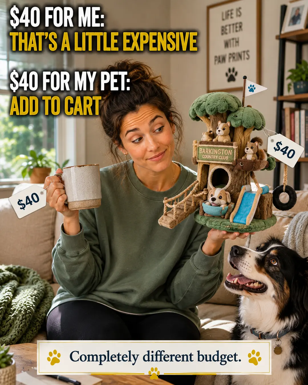 A pet owner hesitates over a $40 purchase for herself but happily spends the same amount on an elaborate toy for her delighted dog.