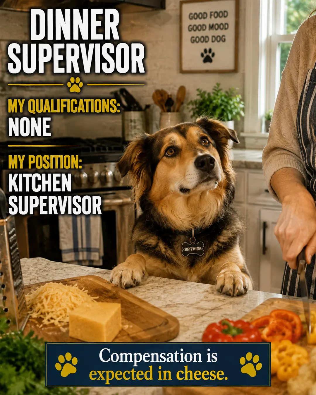 A hopeful dog supervises dinner preparation from the kitchen counter, despite having no qualifications and expecting payment in cheese.