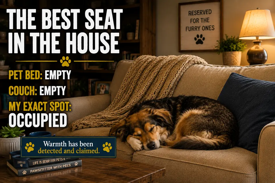 A sleepy dog claims the warmest spot on the couch, perfectly capturing the funny everyday reality of sharing your home with pets.