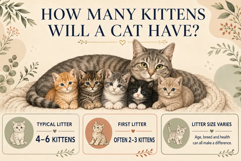 Infographic showing cats typically have 4–6 kittens, while first litters often have 2–3; litter size varies by age, breed and health.